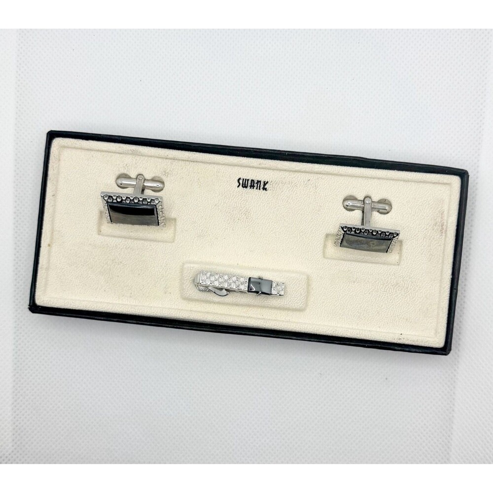 Vintage Swank Men's Rectangular Black Inlay Cufflink and Tie Bar Set